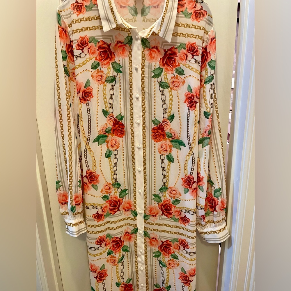 Rose and Chain Detailed Chiffon Button Down Maxi Dress